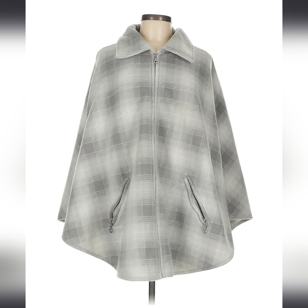 Gray Plaid Cape/Wrap with Classic Collar and A-Line Silhouette